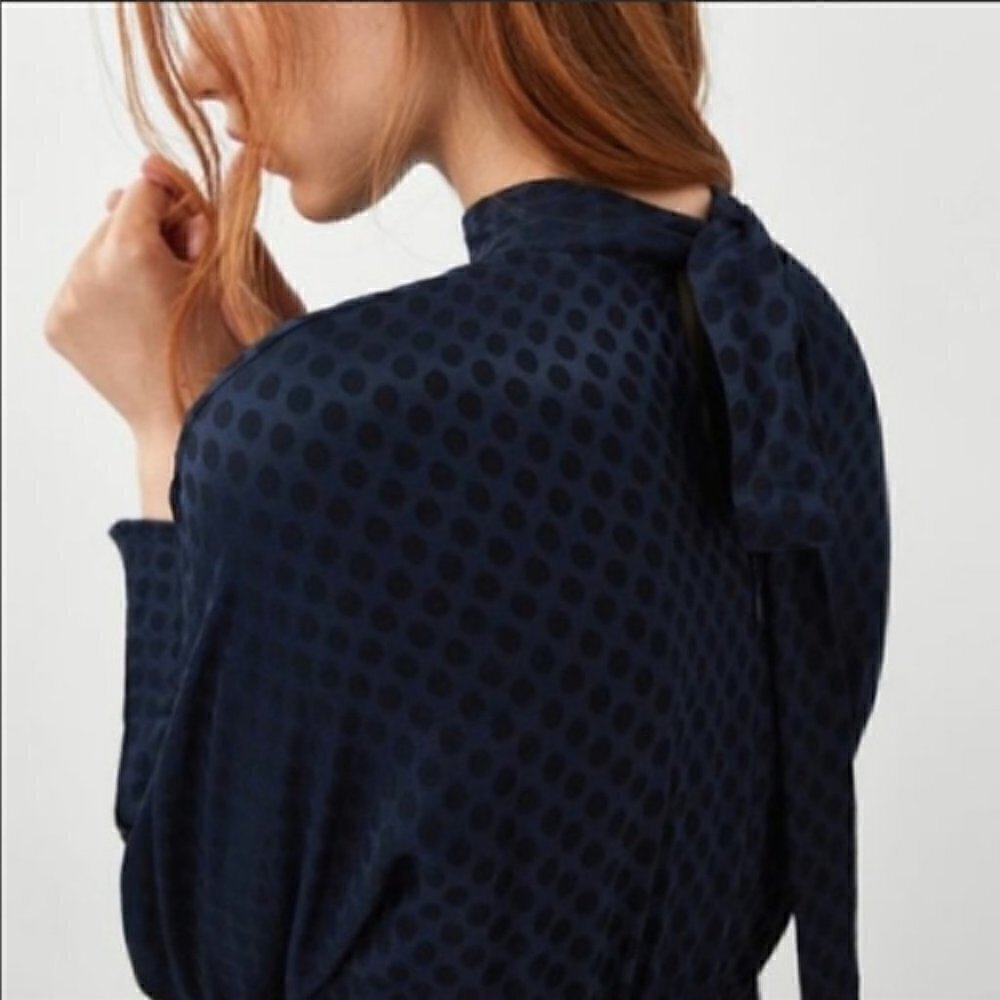 Zara Mini Dress S Satin High Mock Neck Tie Polka Dot Long Sleeve Navy Blue Black